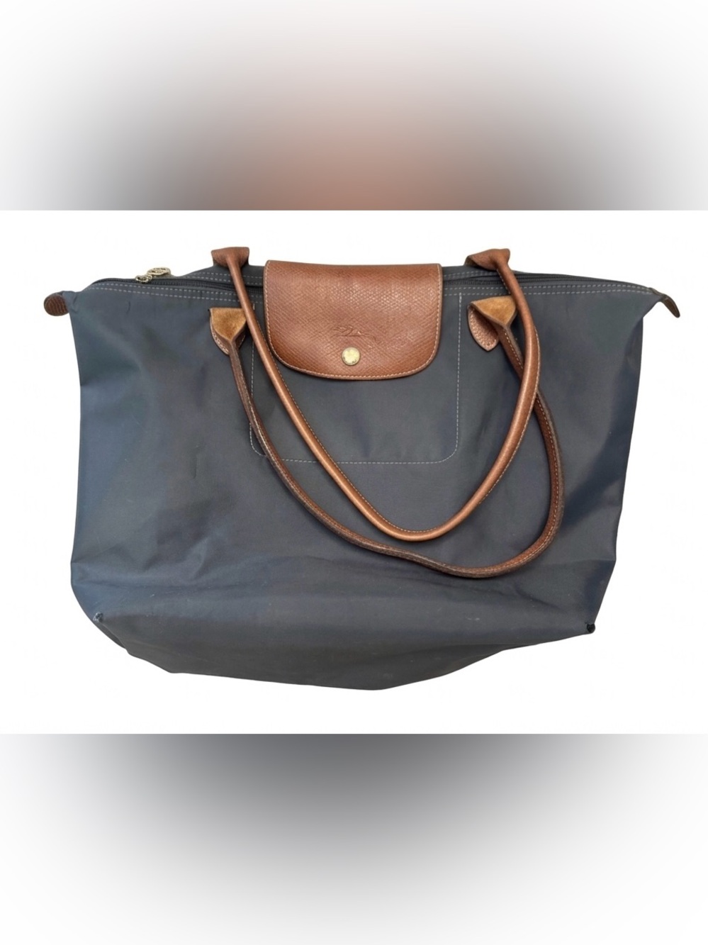 Longchamp Le Pliage Original Tote Bag in Dark Gray Grey. Brown leather handles.